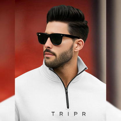 Men Zipper High Neck White Sweatshirt