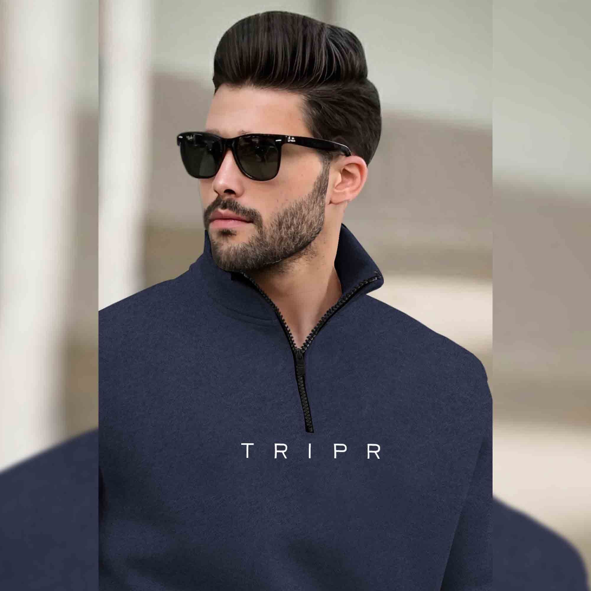 Men Navy blue Zipper High Neck Sweatshirt