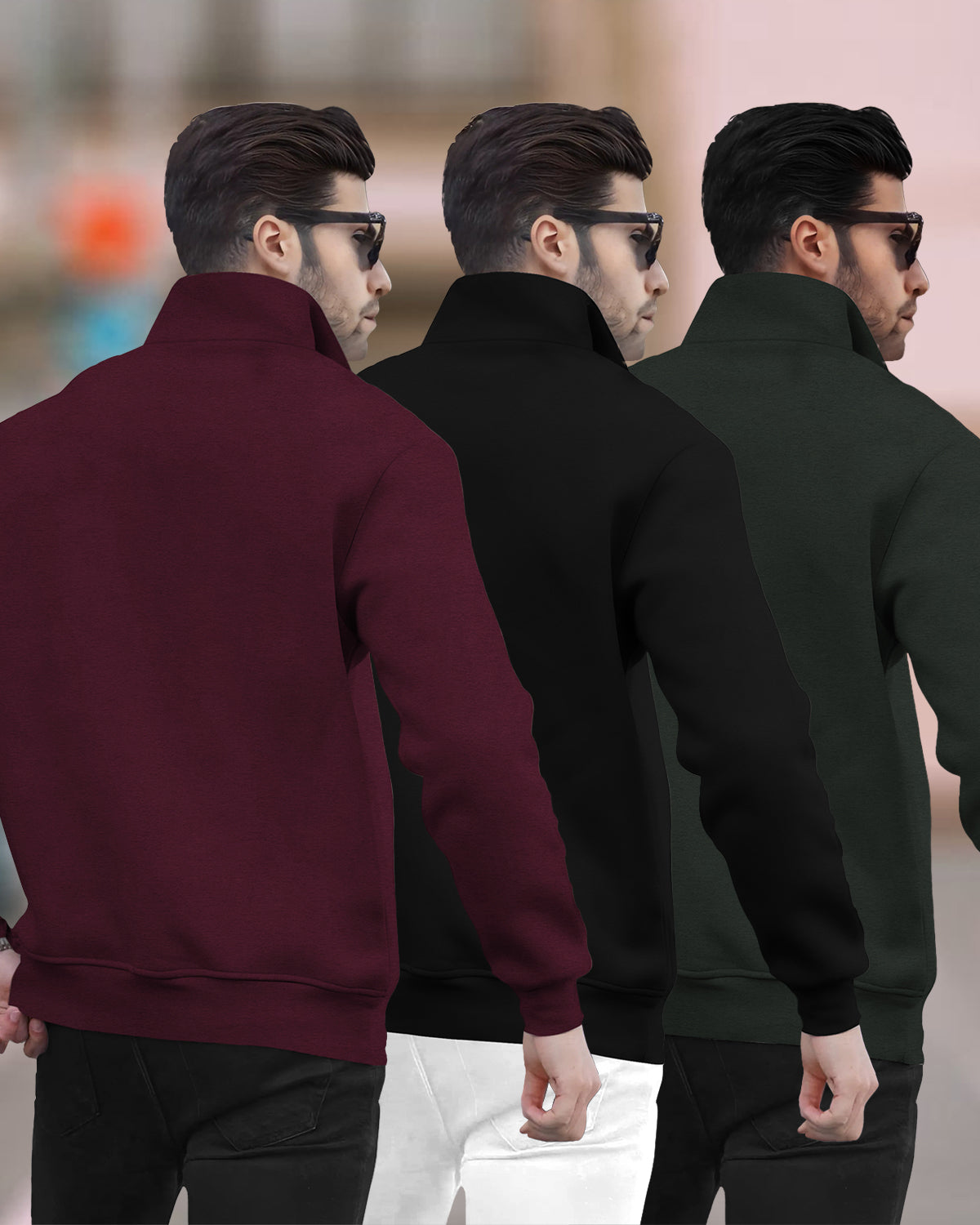 (Pack Of 3) Mens High Neck Winter Sweatshirts Maroon-Black-Olivegreen