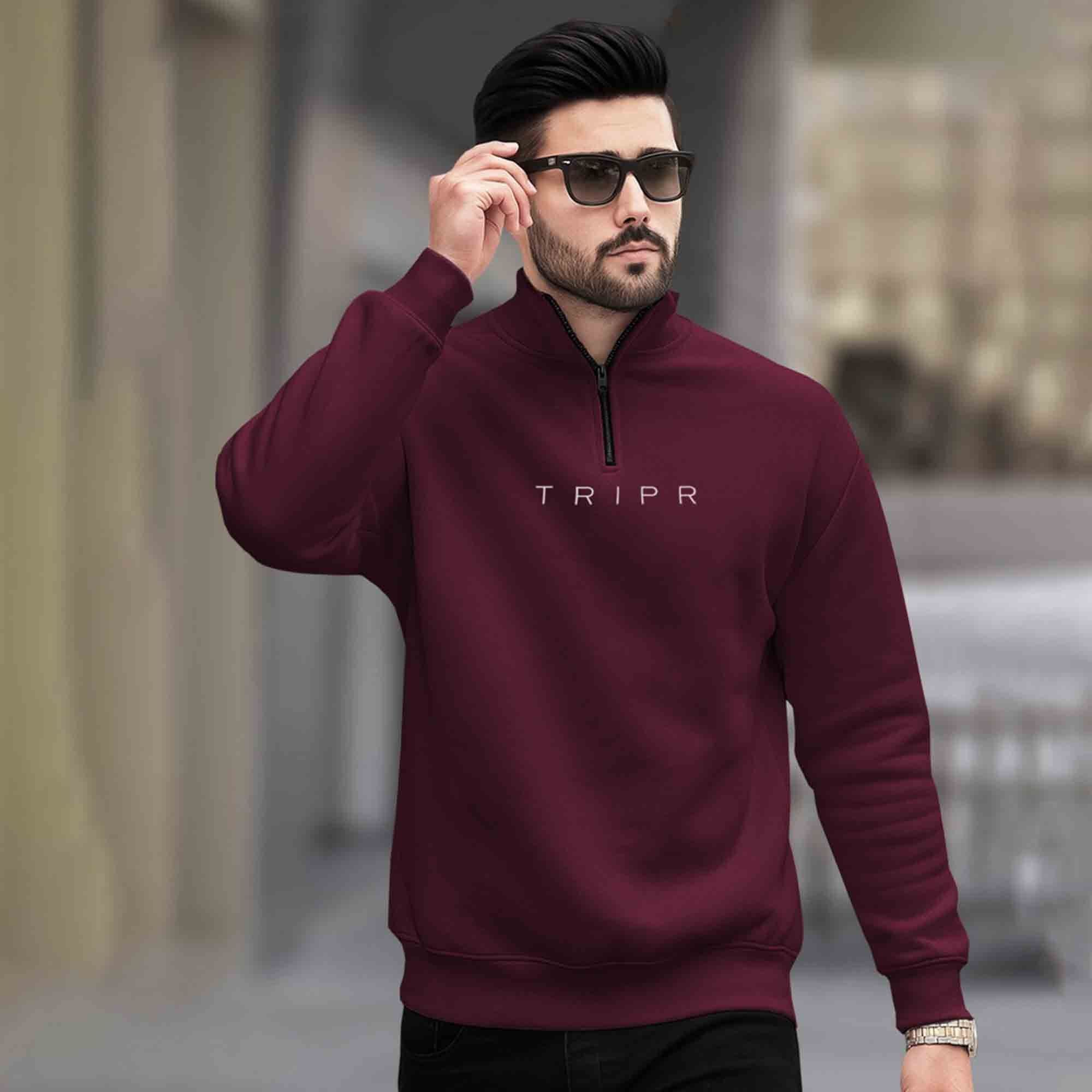 Men Zipper High Neck Maroon Sweatshirt