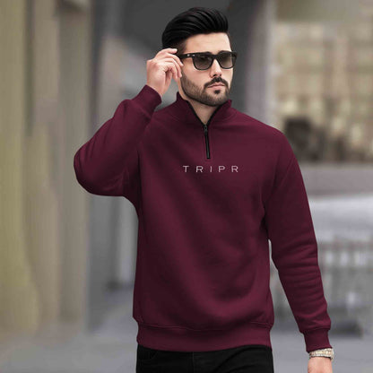 Men Zipper High Neck Maroon Sweatshirt