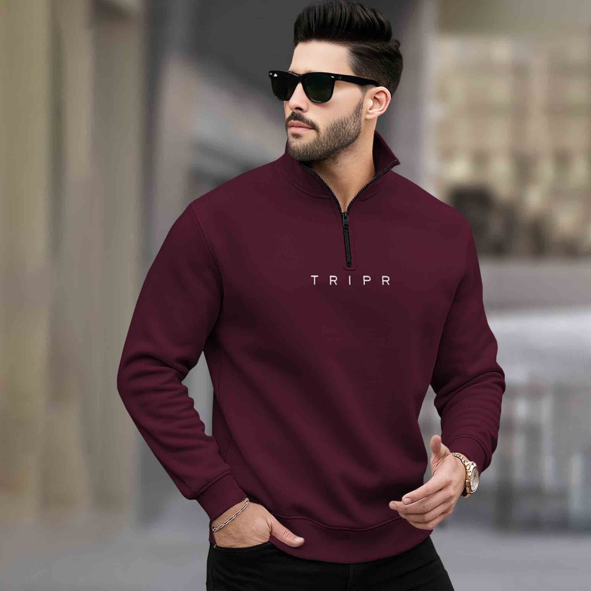 Men Zipper High Neck Maroon Sweatshirt