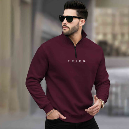 Men Zipper High Neck Maroon Sweatshirt