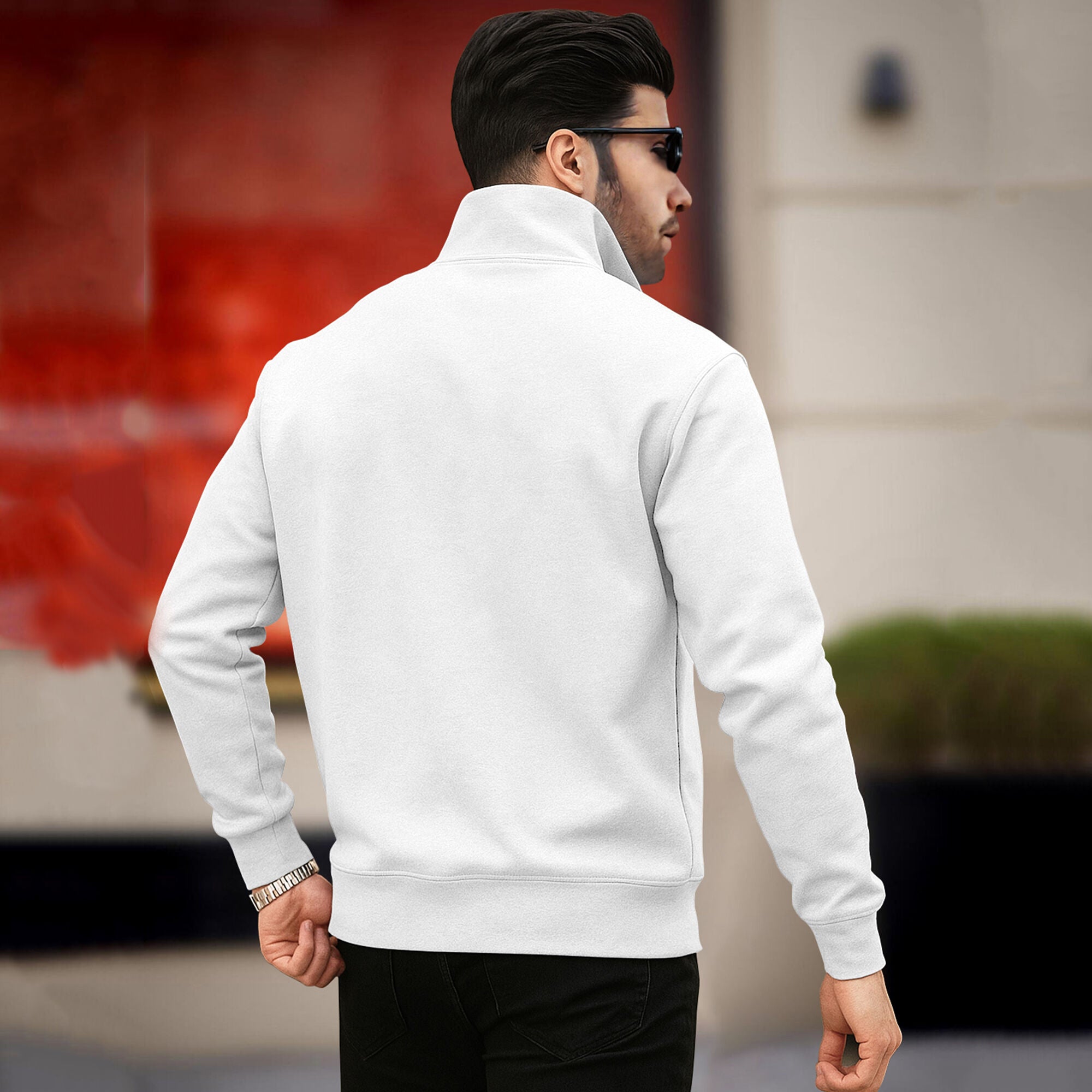 Men Plain Zipper High Neck Casual Sweatshirt White S