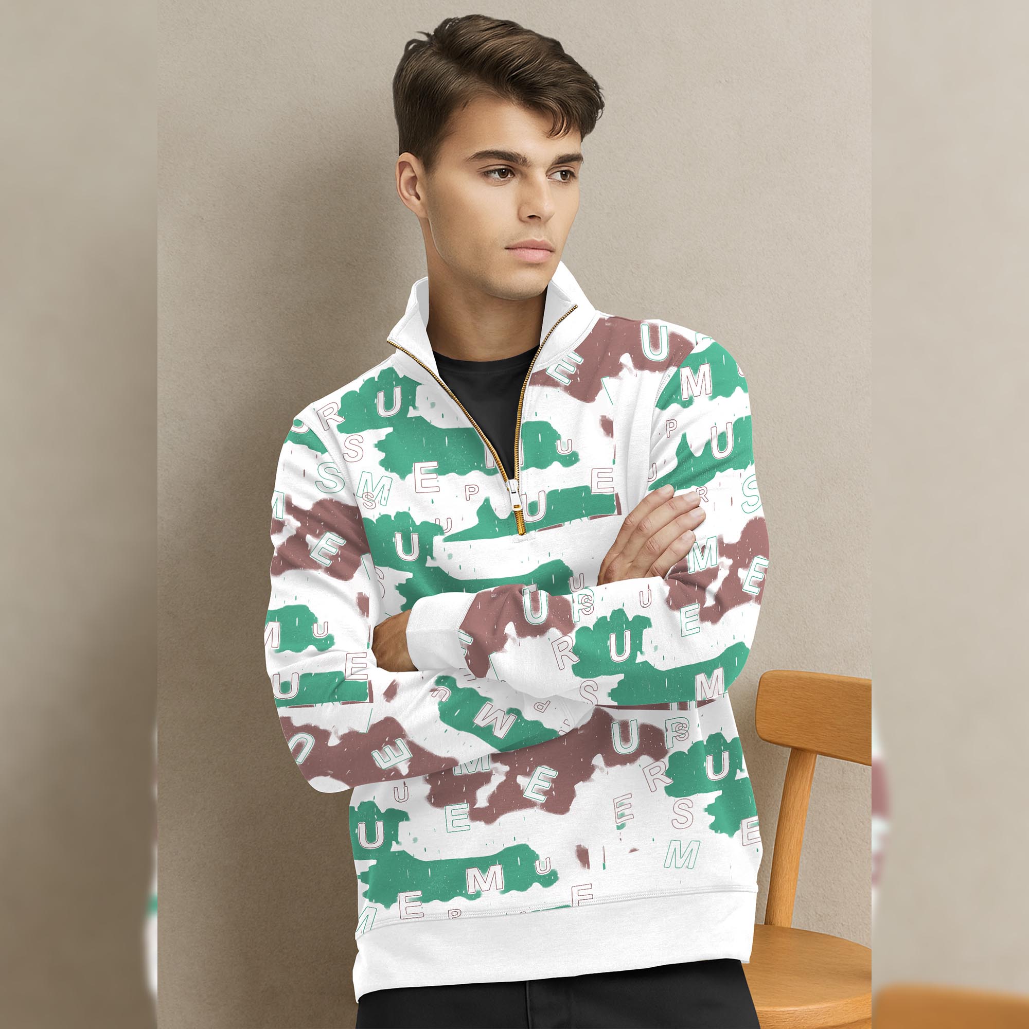 White High Neck Quarter Zip Up All Over Printed Sweatshirt