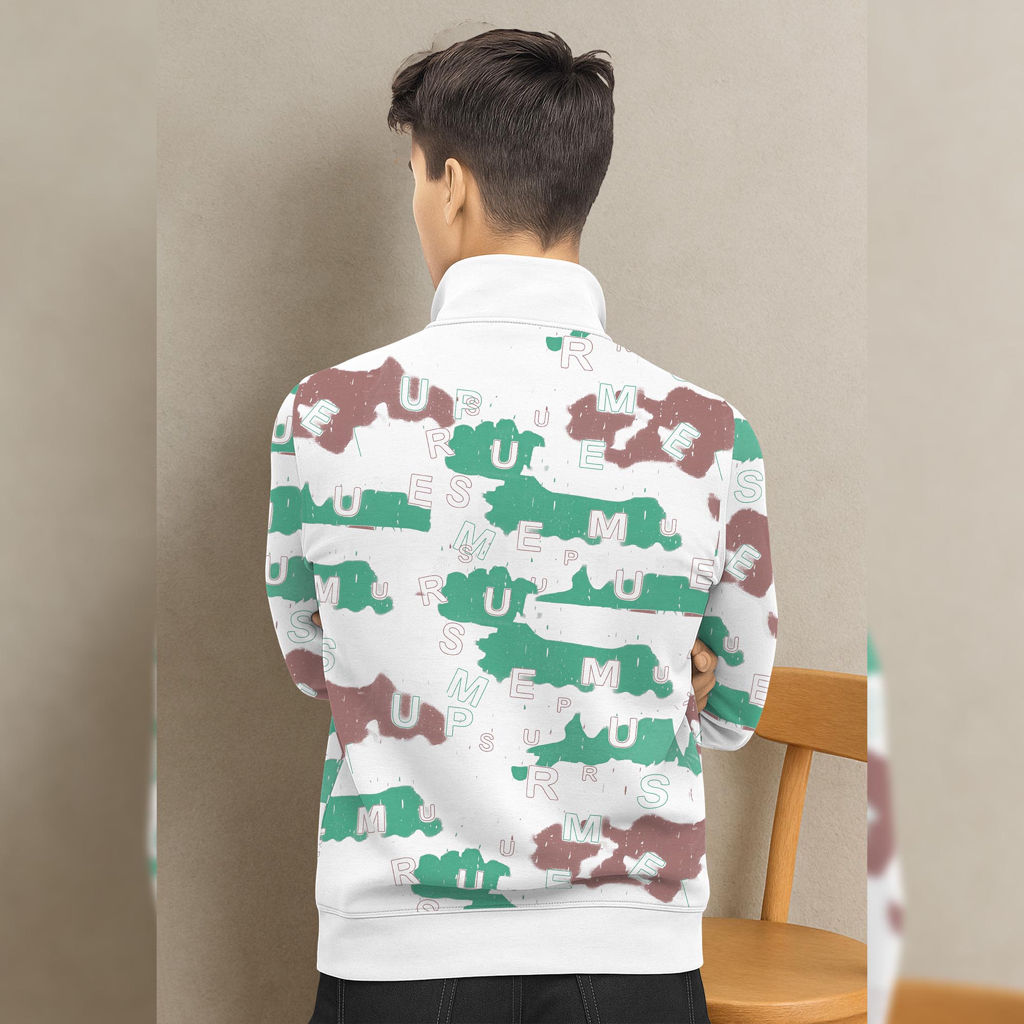 White High Neck Quarter Zip Up All Over Printed Sweatshirt