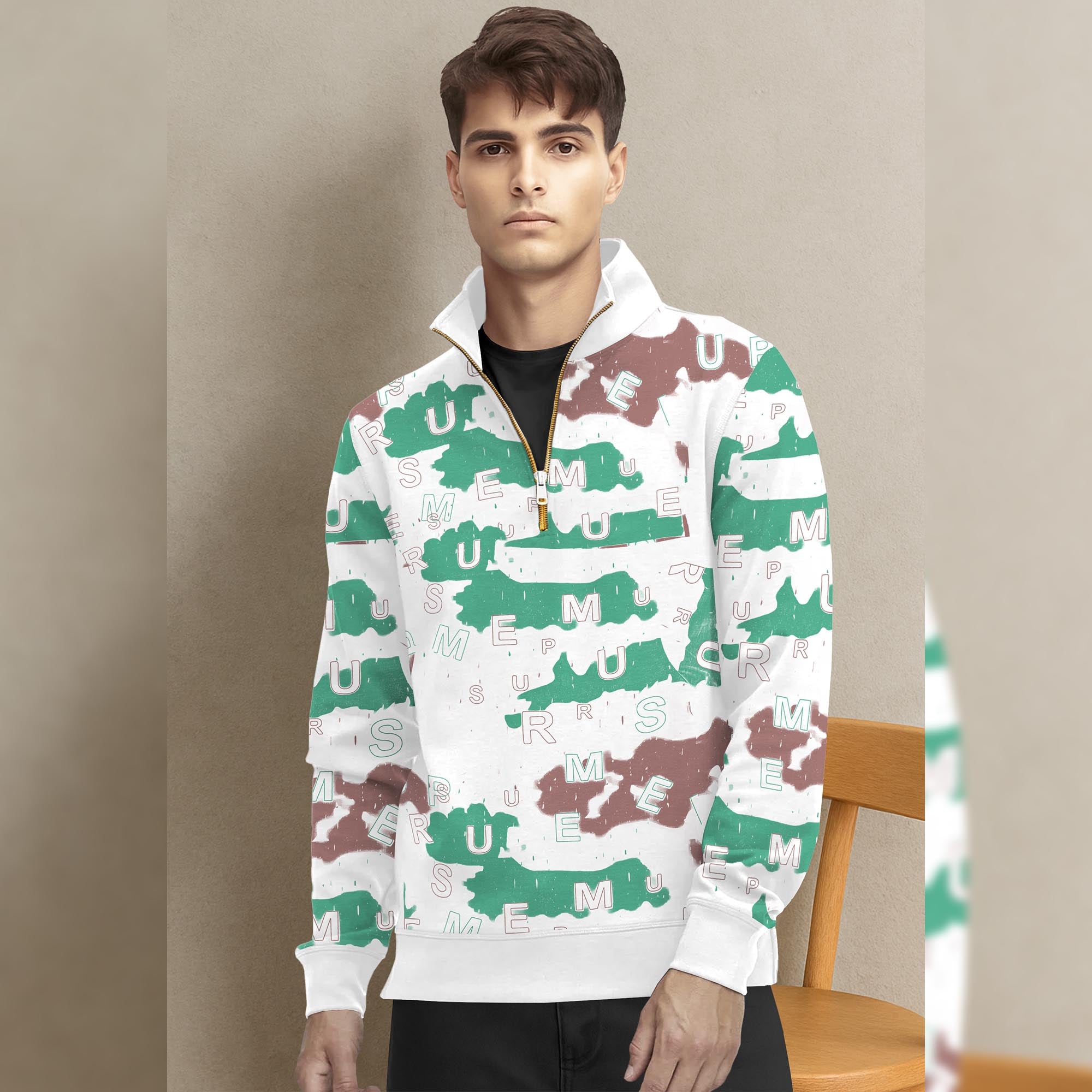 White High Neck Quarter Zip Up All Over Printed Sweatshirt