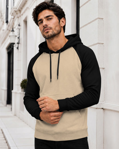 Dual Color Full Sleeve Hooded Sweatshirt Beige