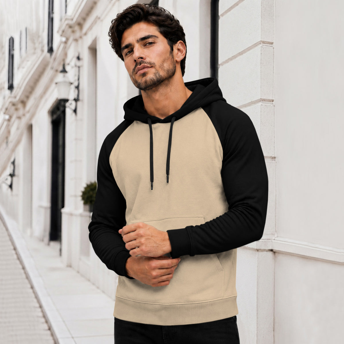 Dual Color Full Sleeve Hooded Sweatshirt Beige