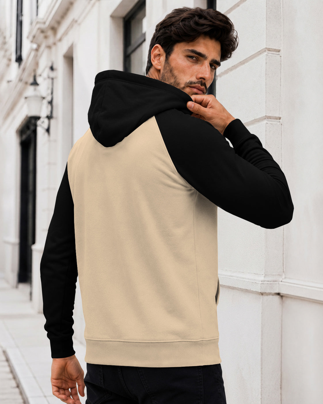 Dual Color Full Sleeve Hooded Sweatshirt Beige
