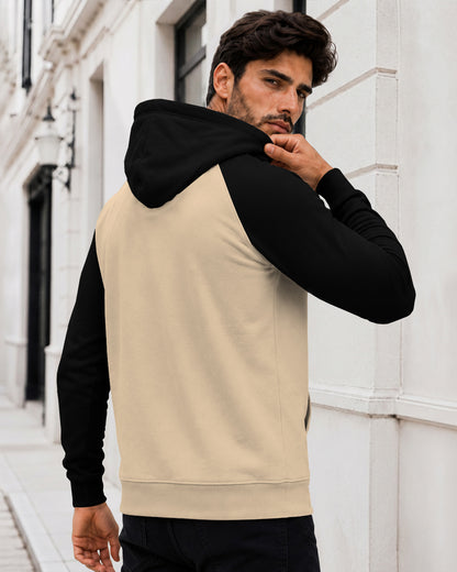 Dual Color Full Sleeve Hooded Sweatshirt Beige