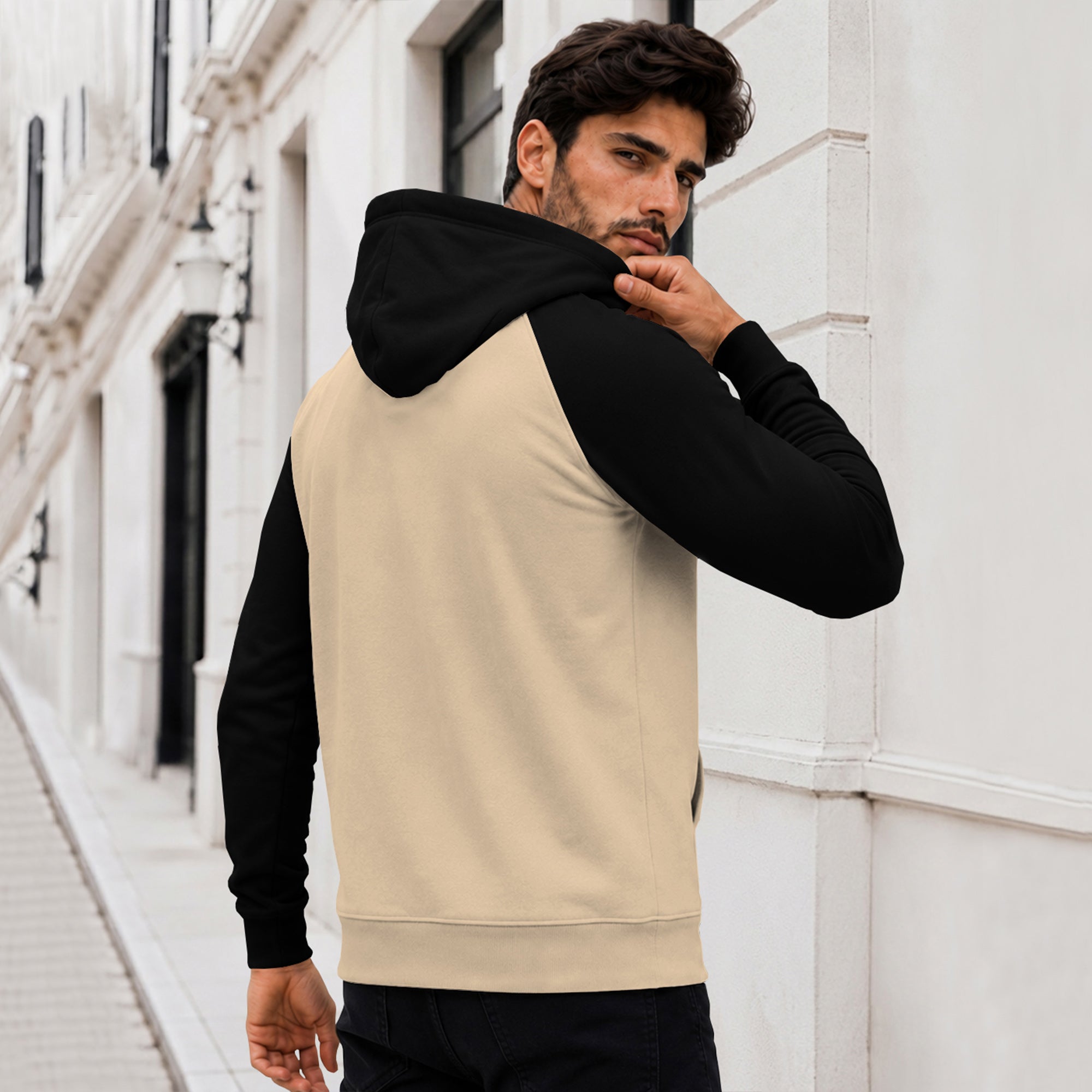 Dual Color Full Sleeve Hooded Sweatshirt Beige