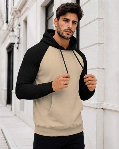 Dual Color Full Sleeve Hooded Sweatshirt Beige