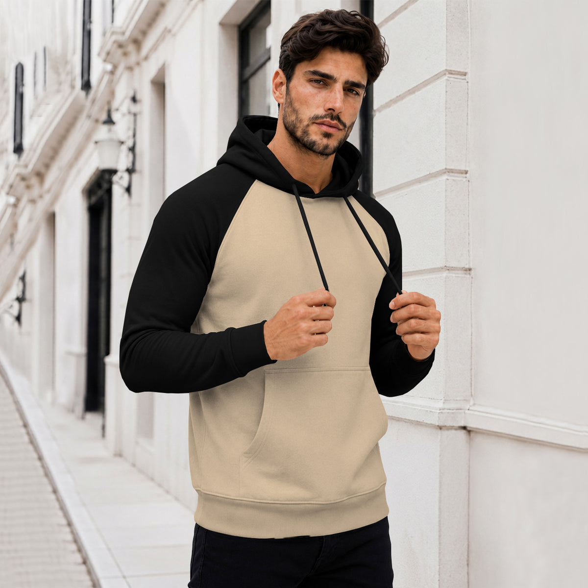 Dual Color Full Sleeve Hooded Sweatshirt Beige