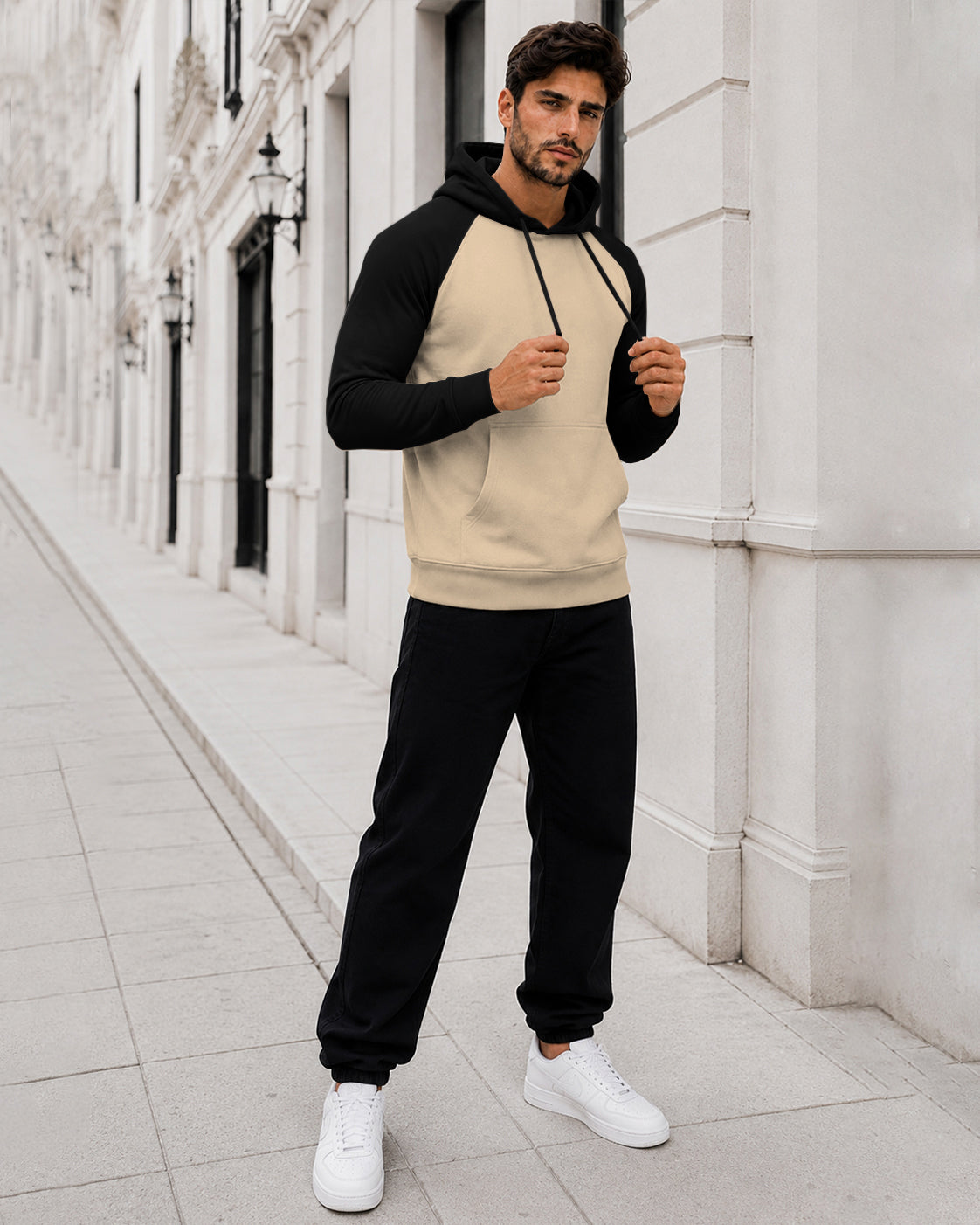 Dual Color Full Sleeve Hooded Sweatshirt Beige
