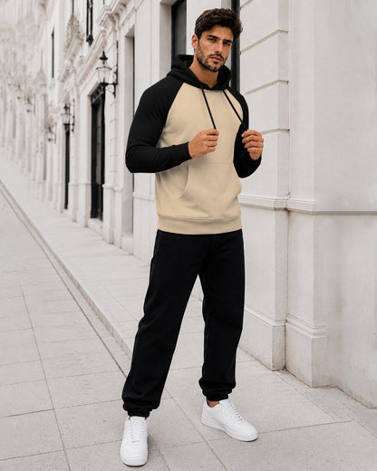 Dual Color Full Sleeve Hooded Sweatshirt Beige