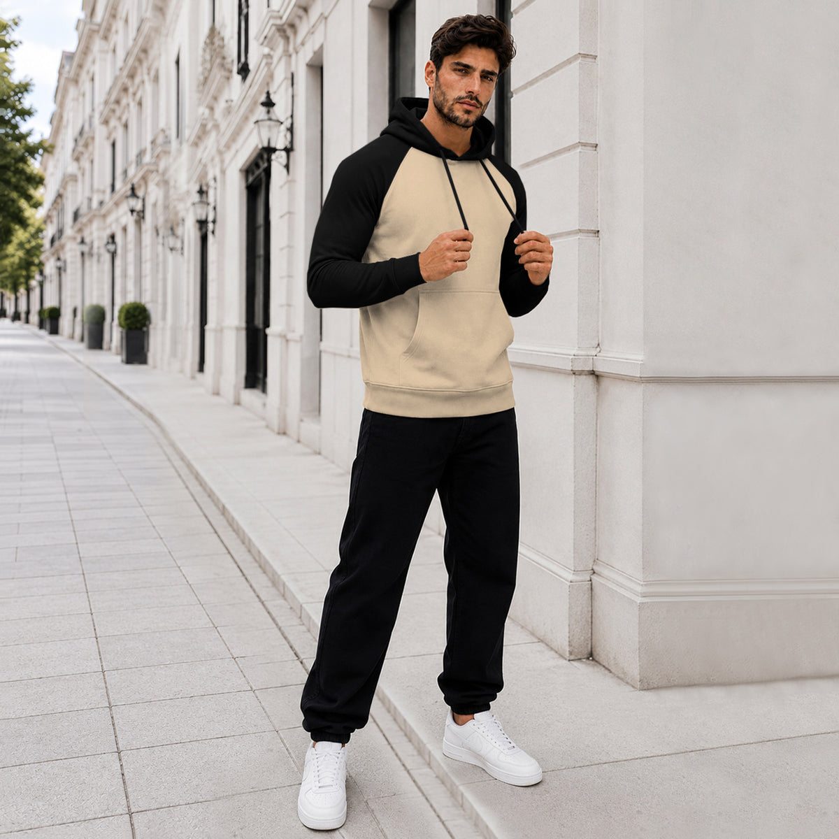 Dual Color Full Sleeve Hooded Sweatshirt Beige