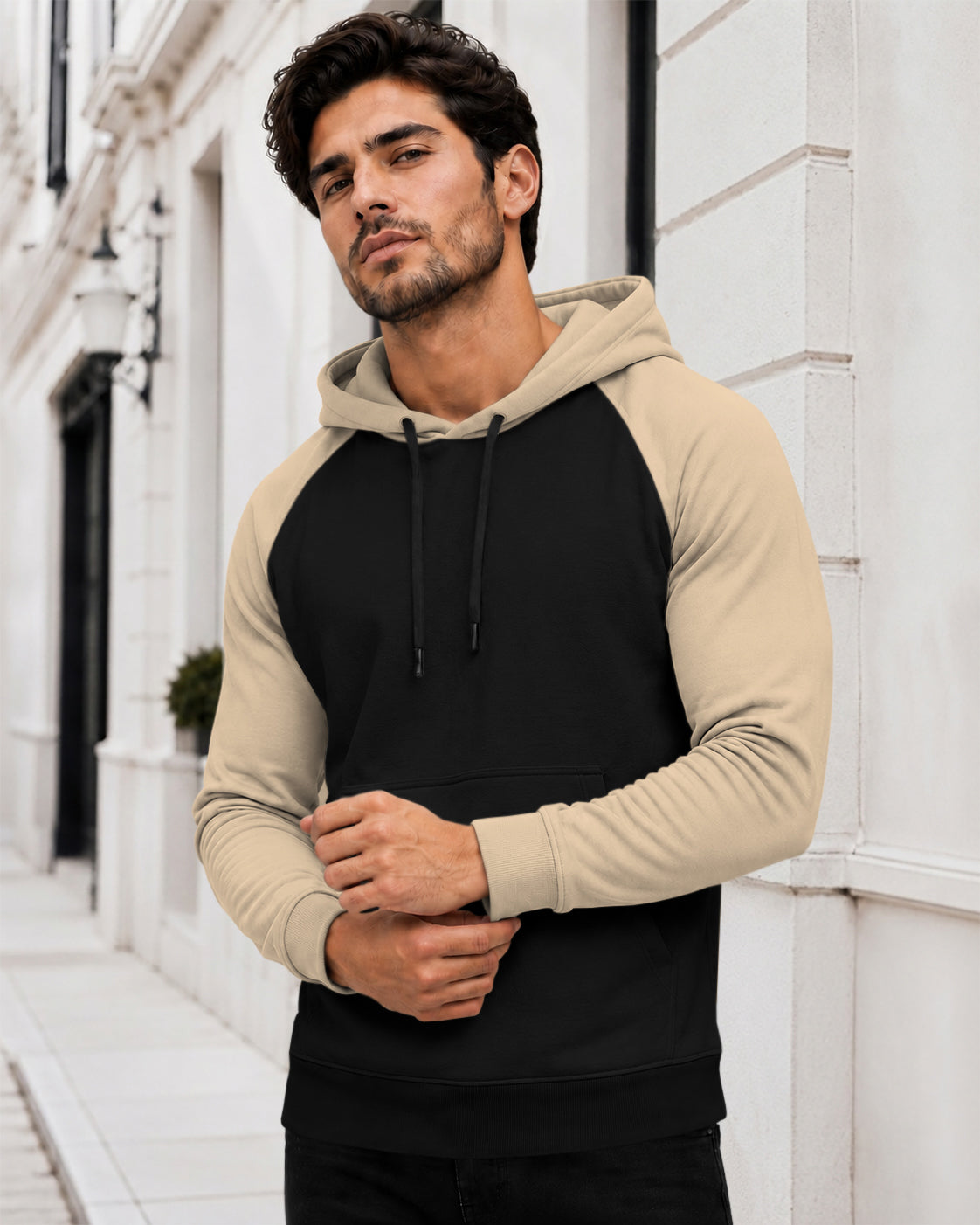 Dual Color Full Sleeve Hooded Sweatshirt Black|Beige