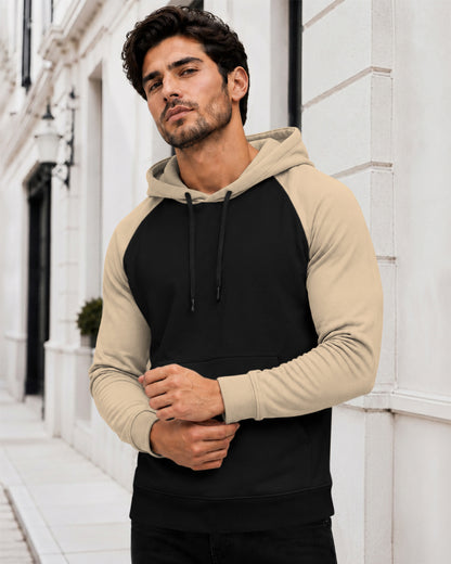 Dual Color Full Sleeve Hooded Sweatshirt Black|Beige