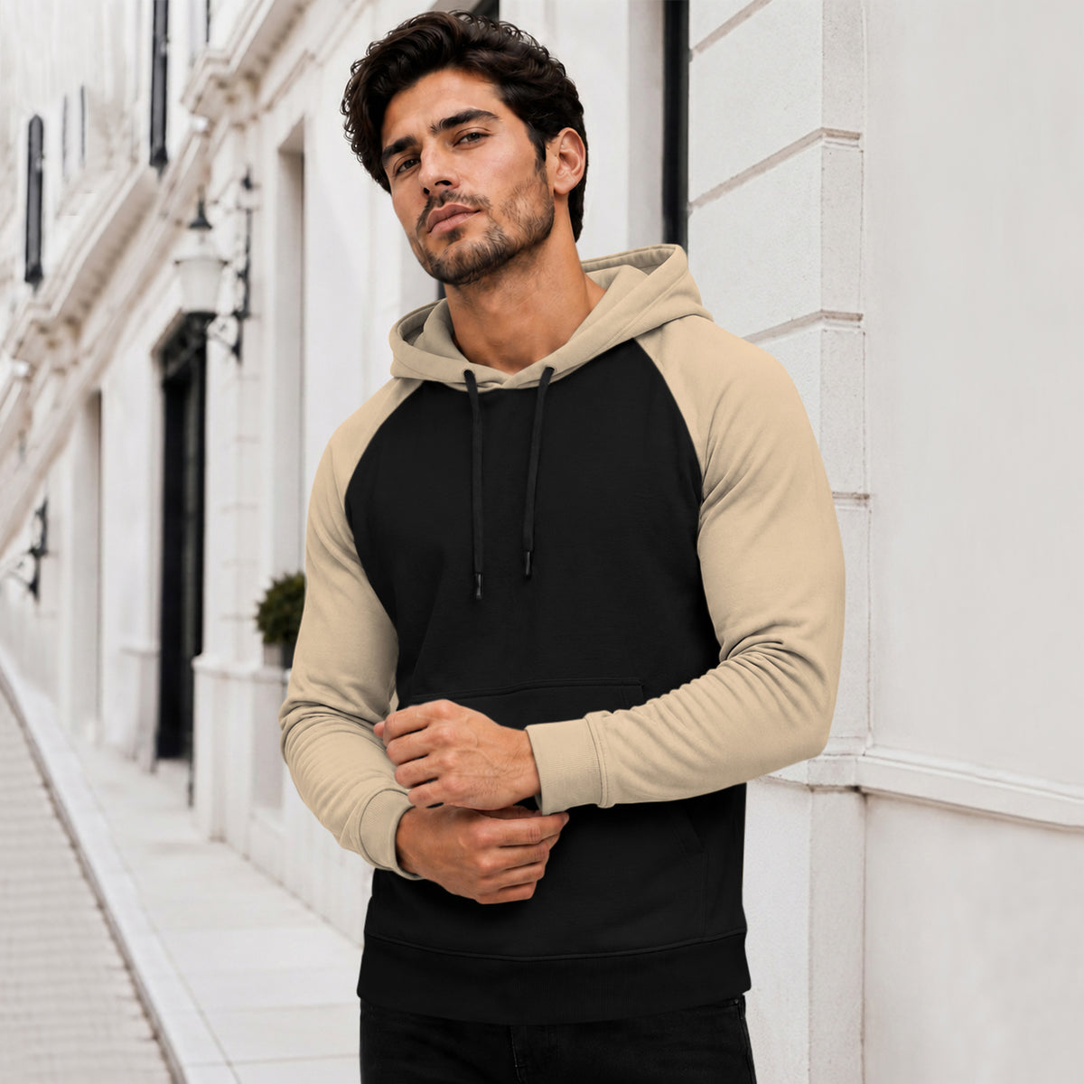 Dual Color Full Sleeve Hooded Sweatshirt Black|Beige