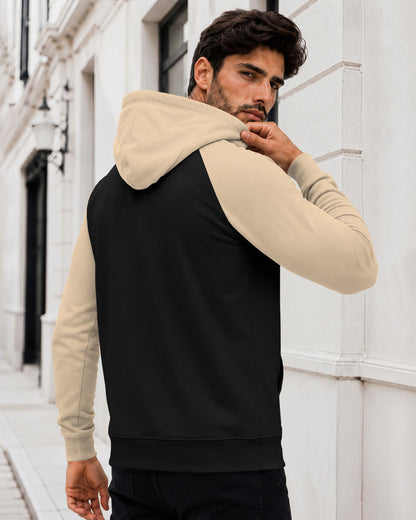 Dual Color Full Sleeve Hooded Sweatshirt Black|Beige