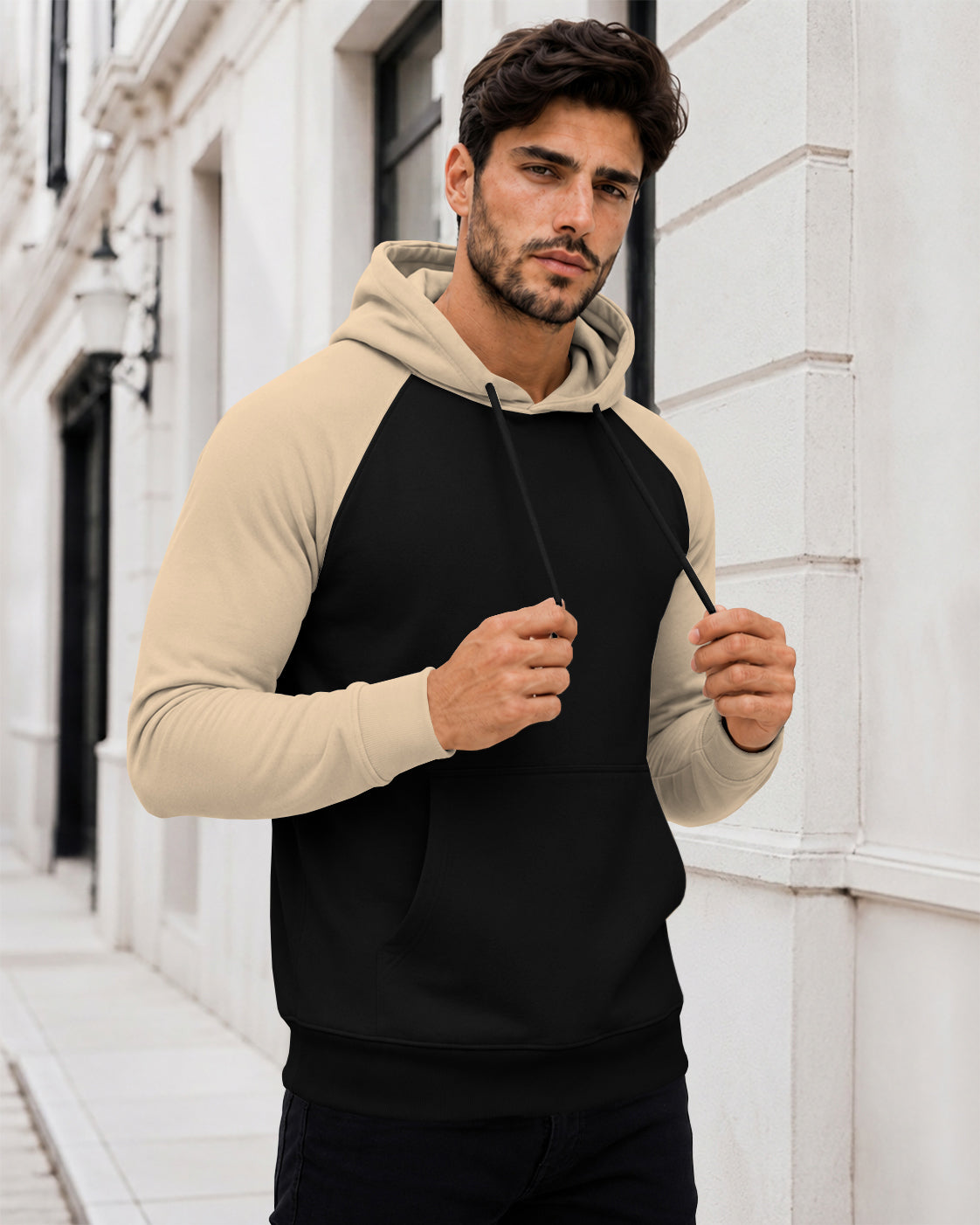 Dual Color Full Sleeve Hooded Sweatshirt Black|Beige