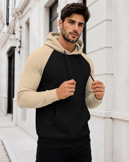 Dual Color Full Sleeve Hooded Sweatshirt Black|Beige