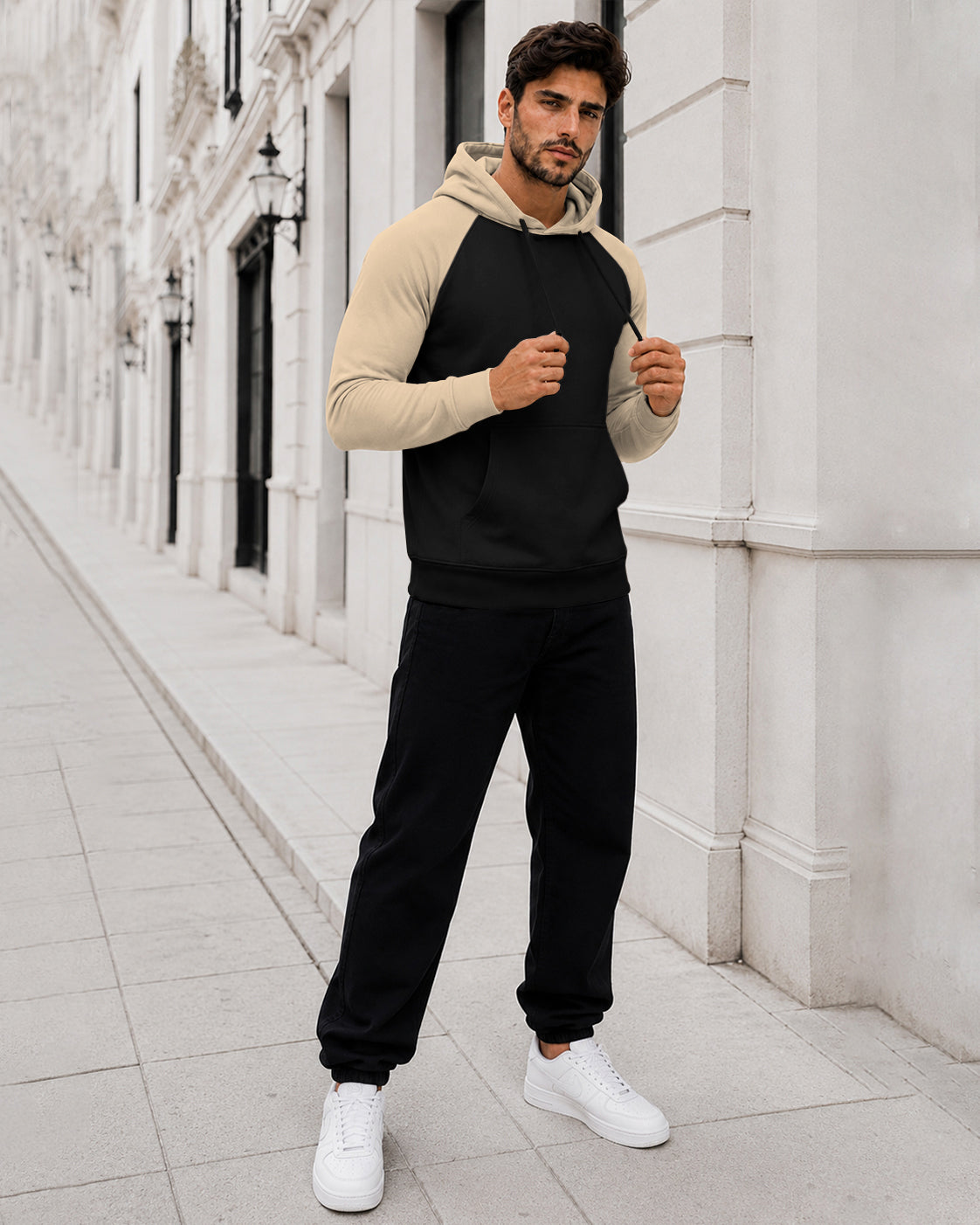 Dual Color Full Sleeve Hooded Sweatshirt Black|Beige