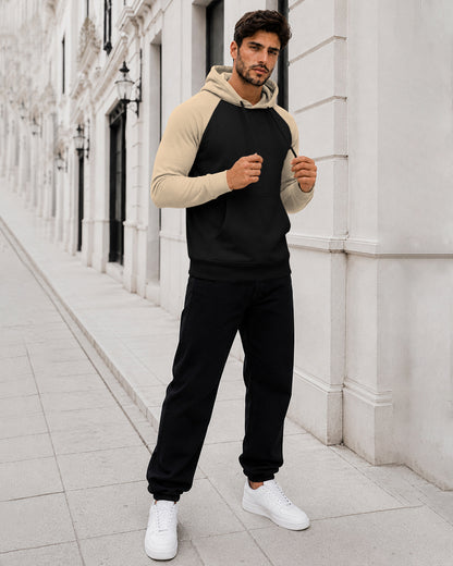 Dual Color Full Sleeve Hooded Sweatshirt Black|Beige