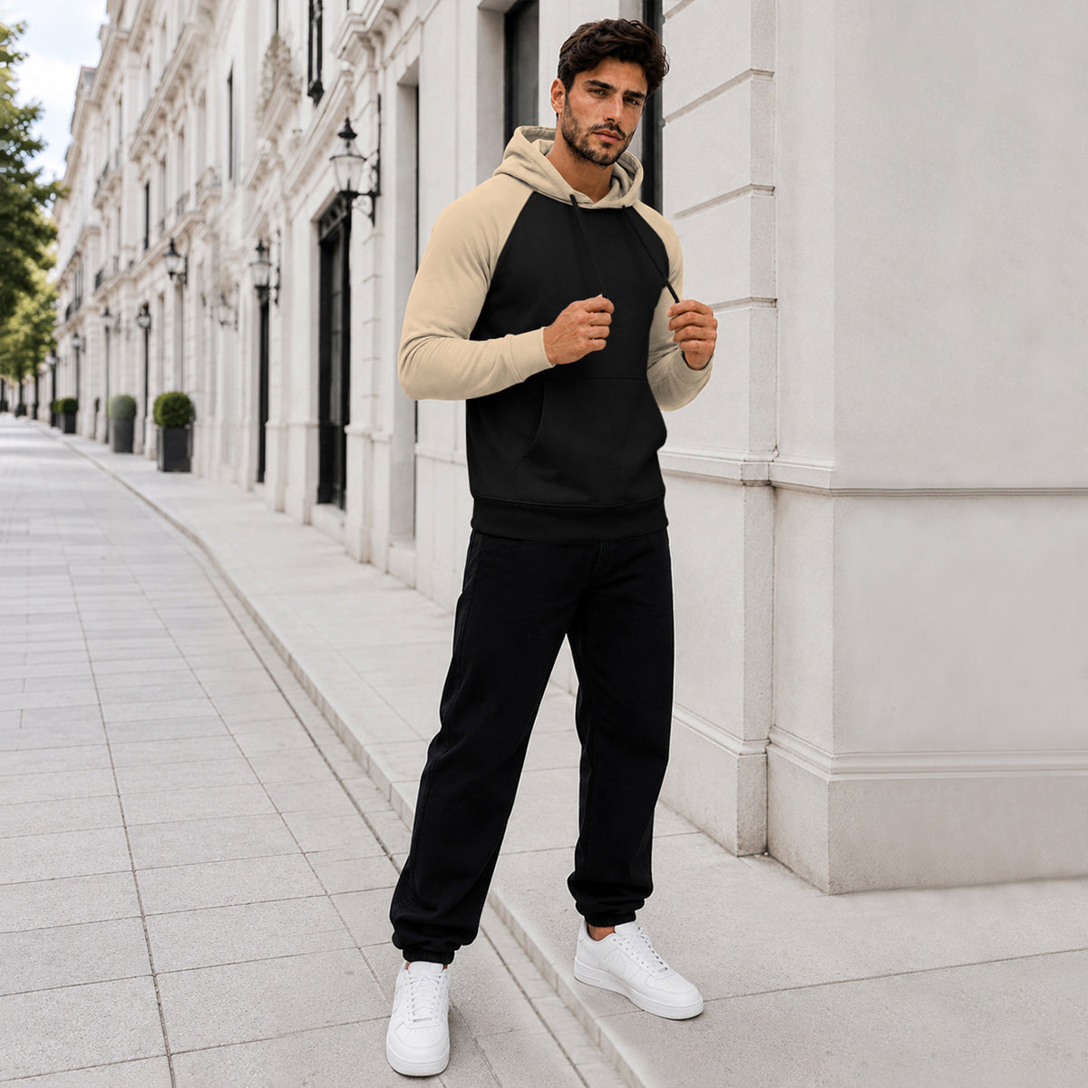 Dual Color Full Sleeve Hooded Sweatshirt Black|Beige