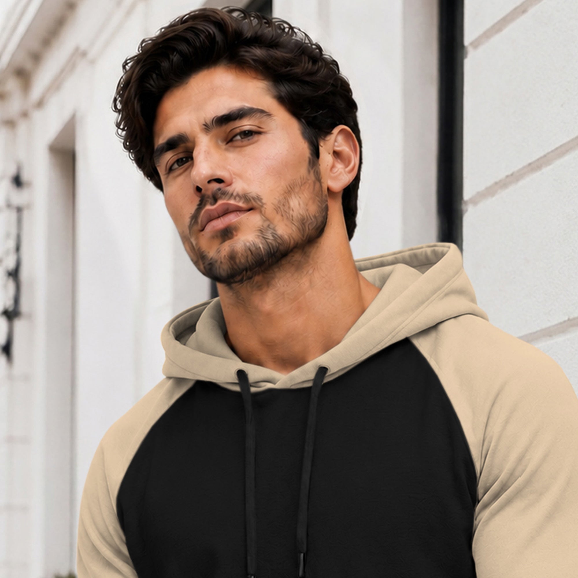 Dual Color Full Sleeve Hooded Sweatshirt Black|Beige