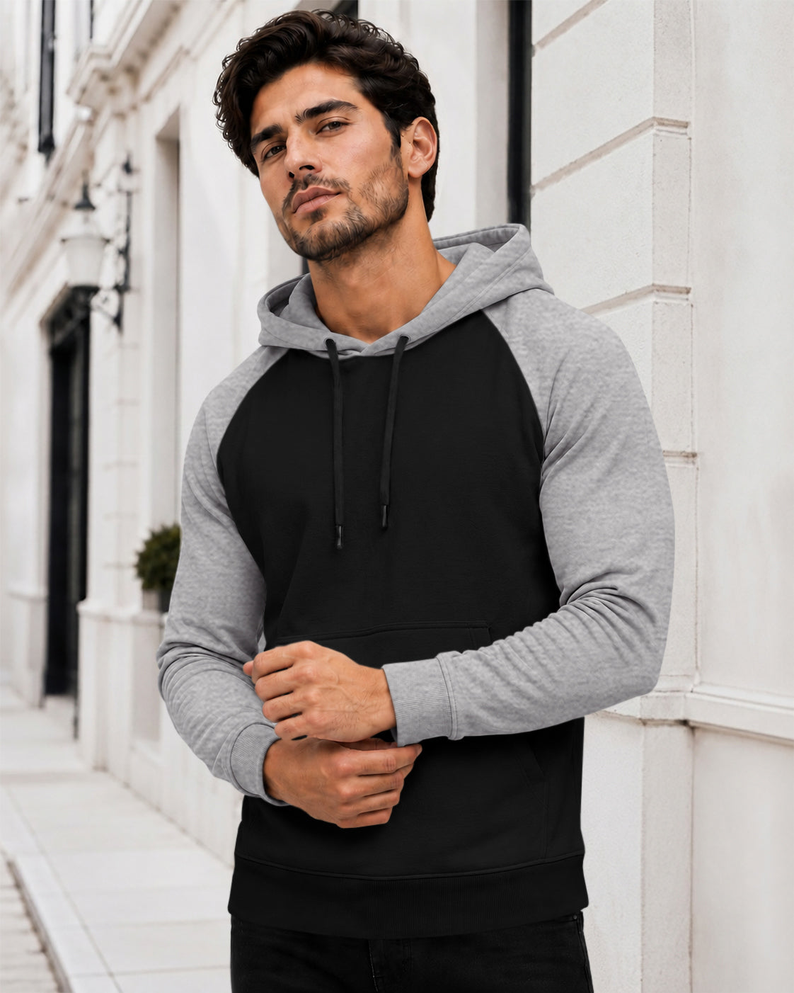 Dual Color Full Sleeve Hooded Sweatshirt Black|Grey