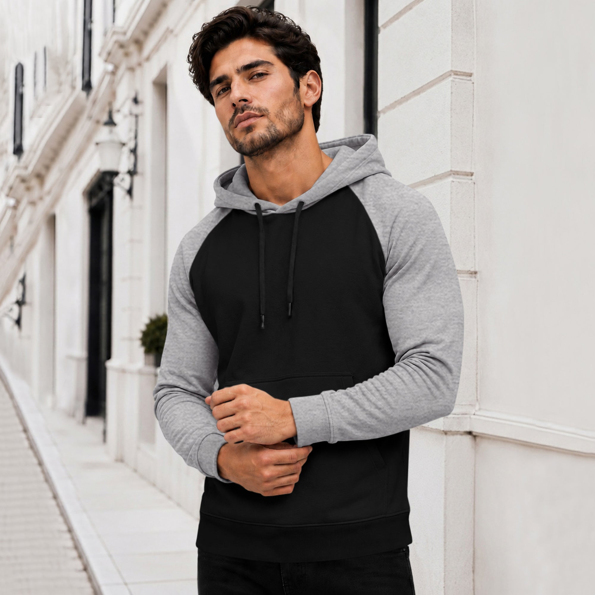 Dual Color Full Sleeve Hooded Sweatshirt Black|Grey