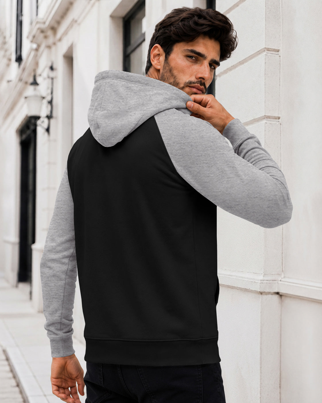 Dual Color Full Sleeve Hooded Sweatshirt Black|Grey