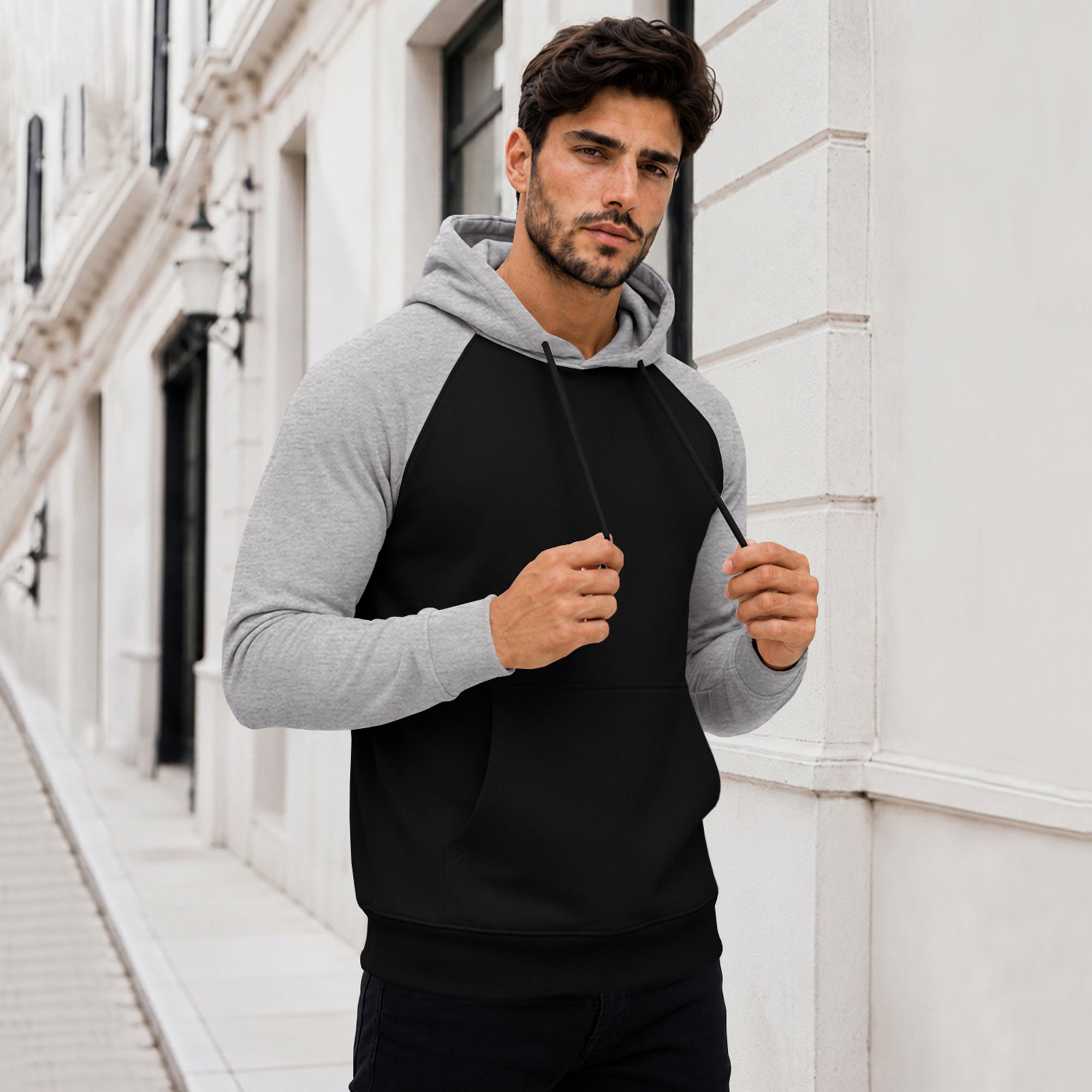 Dual Color Full Sleeve Hooded Sweatshirt Black|Grey