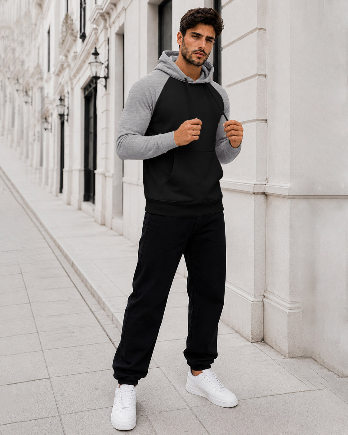 Dual Color Full Sleeve Hooded Sweatshirt Black|Grey