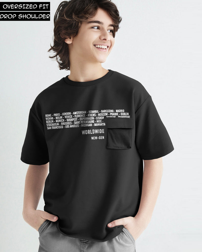 Boys Flap Pocket Black Typography Round Neck Half Sleeve T-Shirt