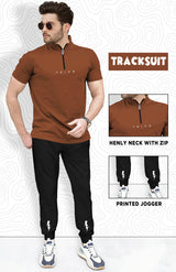 Men Tracksuit Set | Brown Zip Neck T-shirt & Black Trackpant