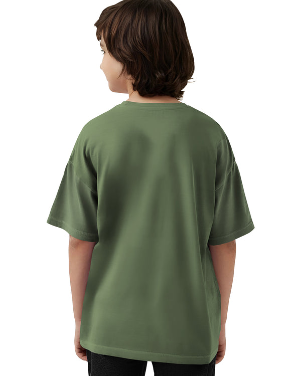 Boys Flap Pocket Olivegreen Typography Round Neck Half Sleeve T-Shirt