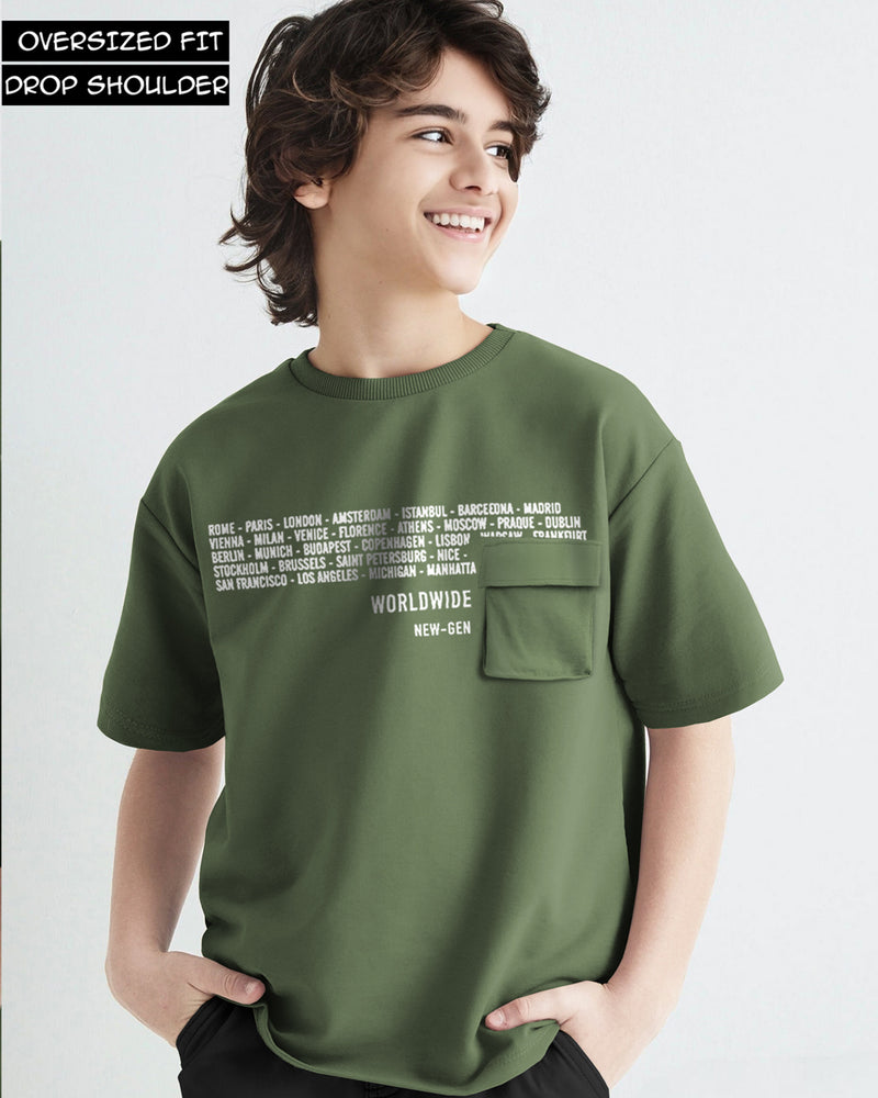 Boys Flap Pocket Olivegreen Typography Round Neck Half Sleeve T-Shirt