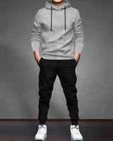 Tracksuit For Men Grey Hooded Full Sleeve T-shirt / Black Trackpant