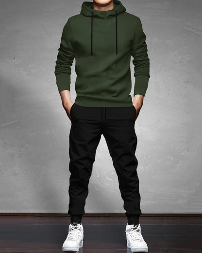 Olive   Green   Hooded   Full   Sleeve   T-shirt   with   Black   Trackpant   Tracksuit