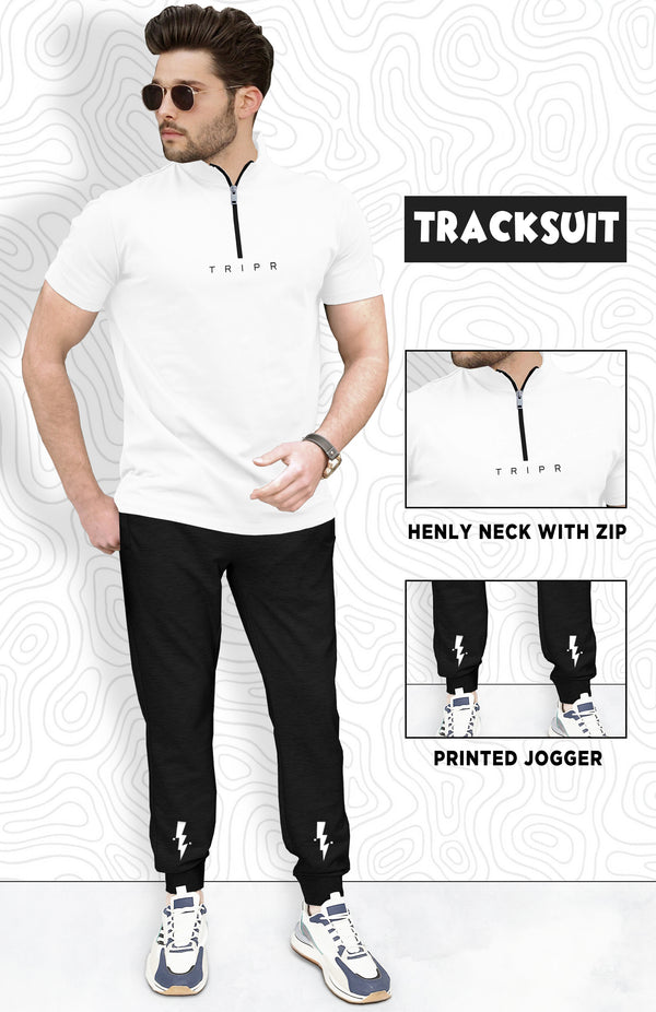 Men Tracksuit Set | White Zip Neck T-Shirt & Black Jogger