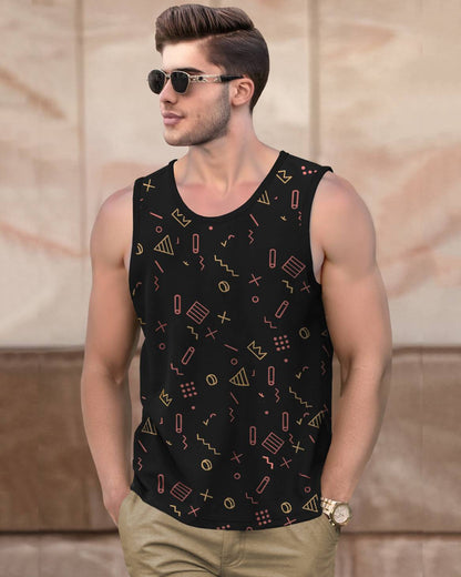 Men Casual Round Neck All Over Printed Top Vest Black