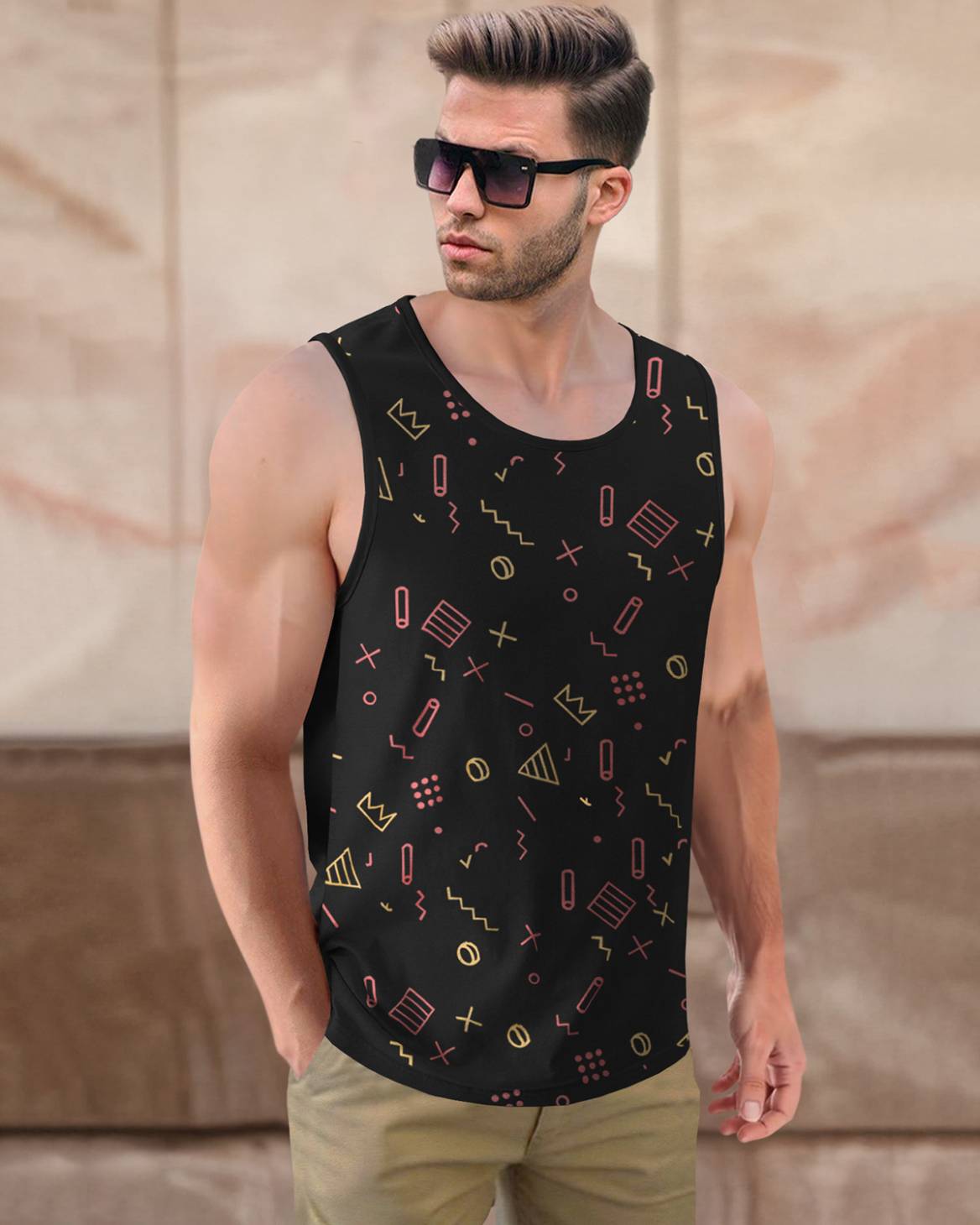 Men Casual Round Neck All Over Printed Top Vest Black