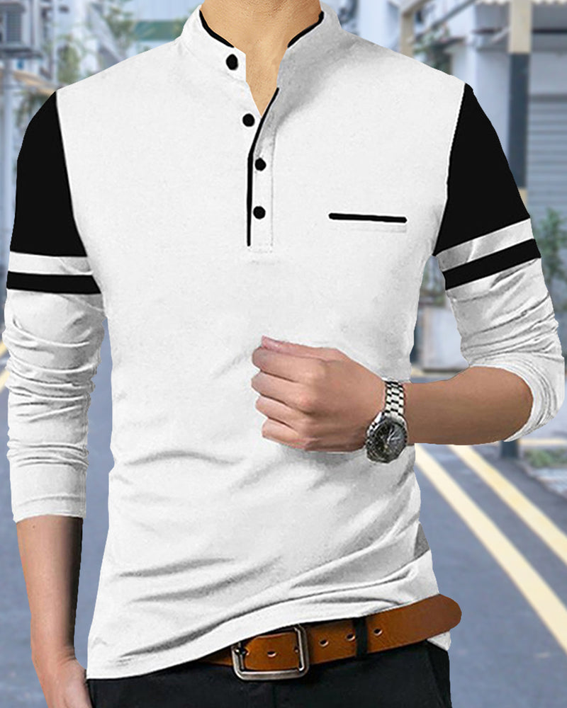 Solid Men Mandarin Collar White, Black T-Shirt