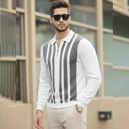 Men Quarter Zip Polo Neck Vertical Striped Full Sleeve T-shirt White