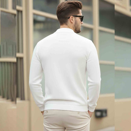 Men Quarter Zip Polo Neck Vertical Striped Full Sleeve T-shirt White