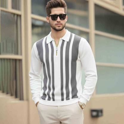 Men Quarter Zip Polo Neck Vertical Striped Full Sleeve T-shirt White