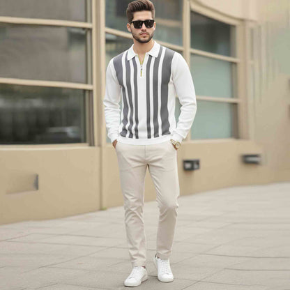 Men Quarter Zip Polo Neck Vertical Striped Full Sleeve T-shirt White
